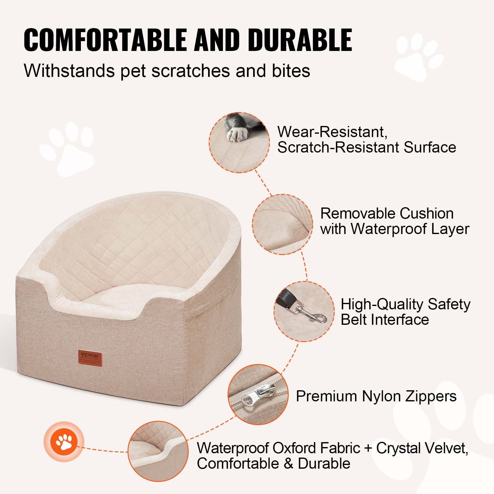 VEVOR Dog Car Seat, Waterproof Dog Booster Seat for Car with A Storage Pocket, Clip-On Safety Leash and Sponge Filling, Dog Car Bed for Small & Medium Dog up to 55lbs, Brown