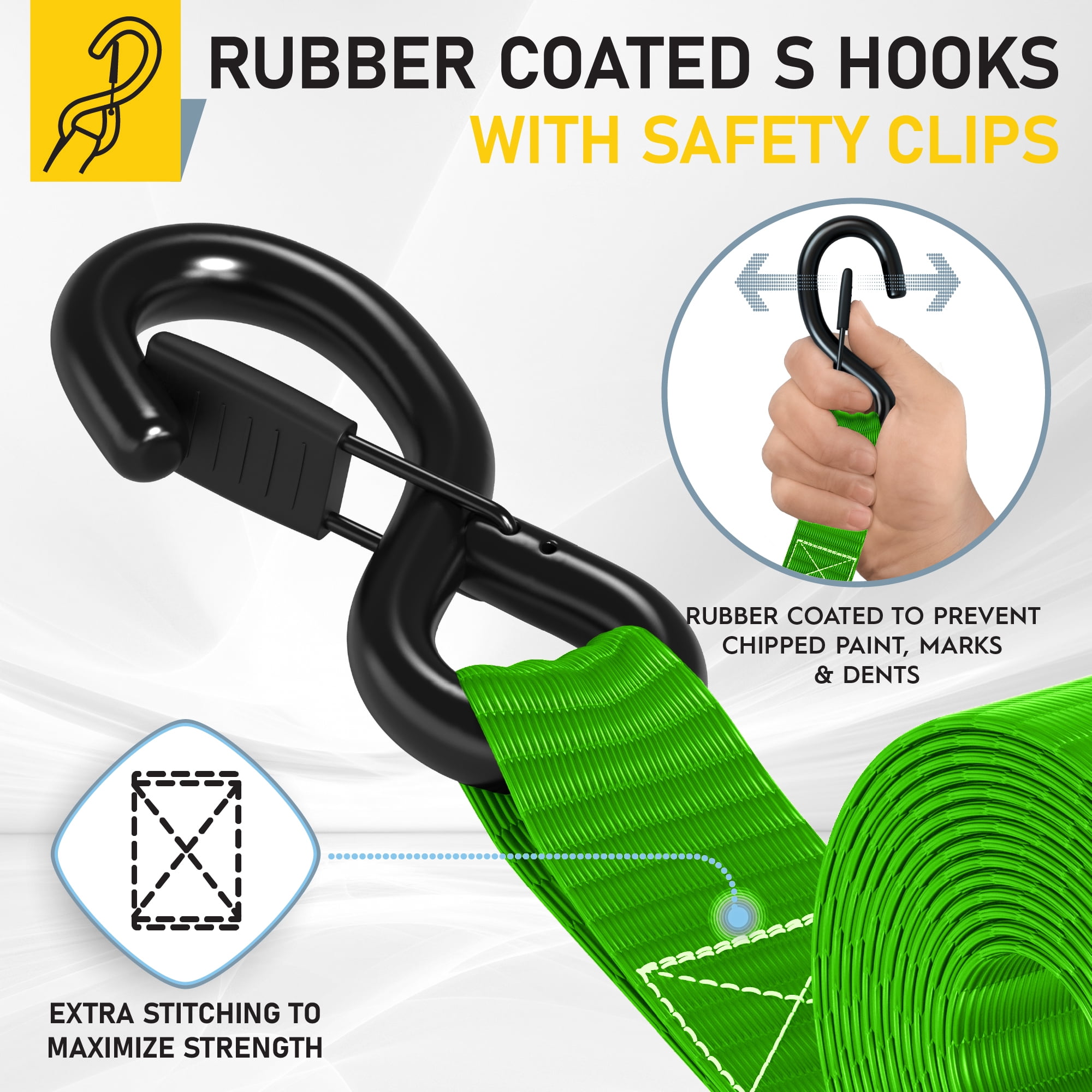 AUGO Heavy Duty Ratchet Straps & Soft Loops – Pack of 4 Extra Strong 1.5” by 10’ Ratchet Straps w/ S-Hook Safety Latches & 4 Soft Loop Tie Downs – 4400Lb Break Strength for Motorcycles, ATVs, Etc.