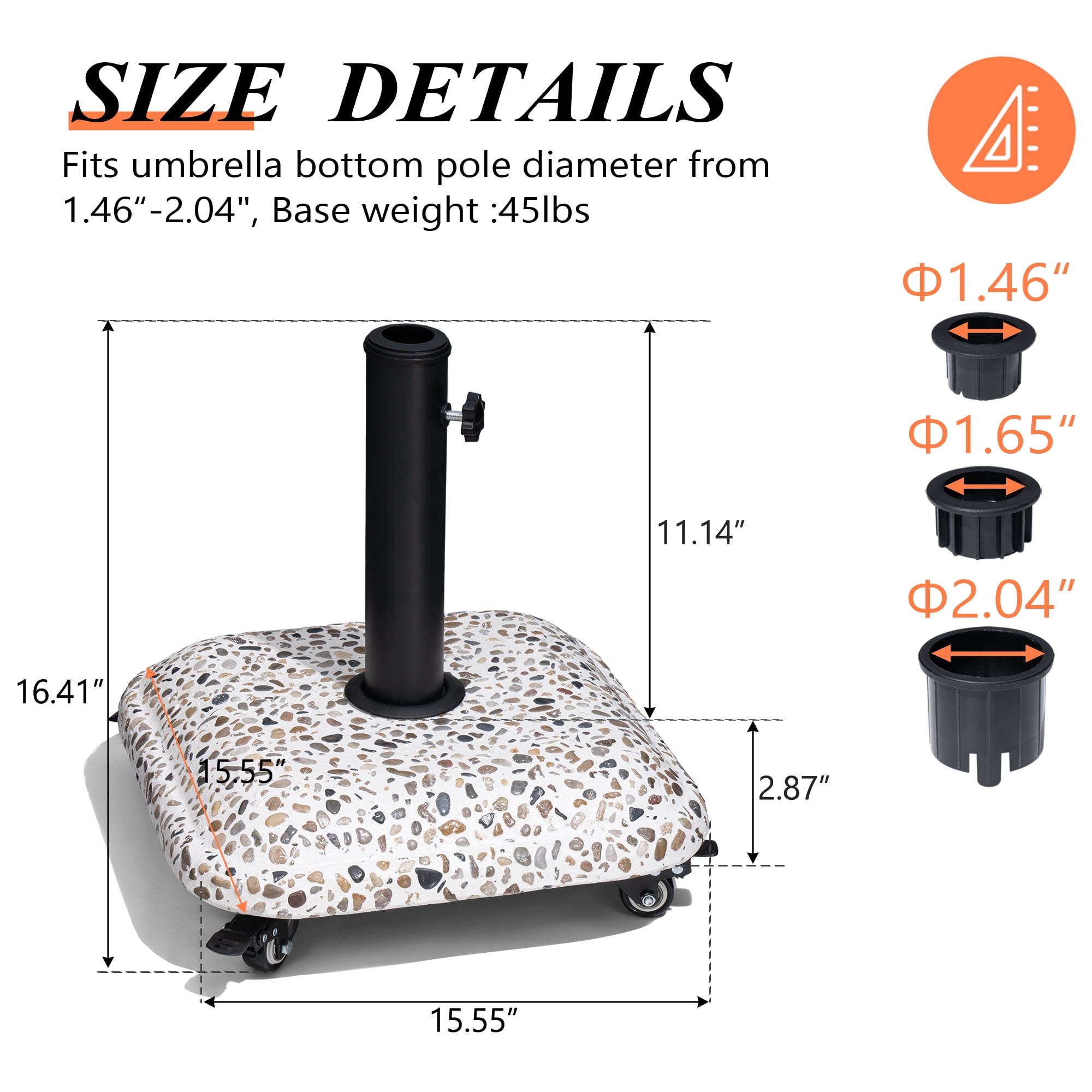 Crestlive Products Patio Umbrella Base with Wheels 45lbs, Concrete with Cobblestone Decor Heavy Duty Rolling Square Stand, for Deck Poolside Yard (Cobblestone)