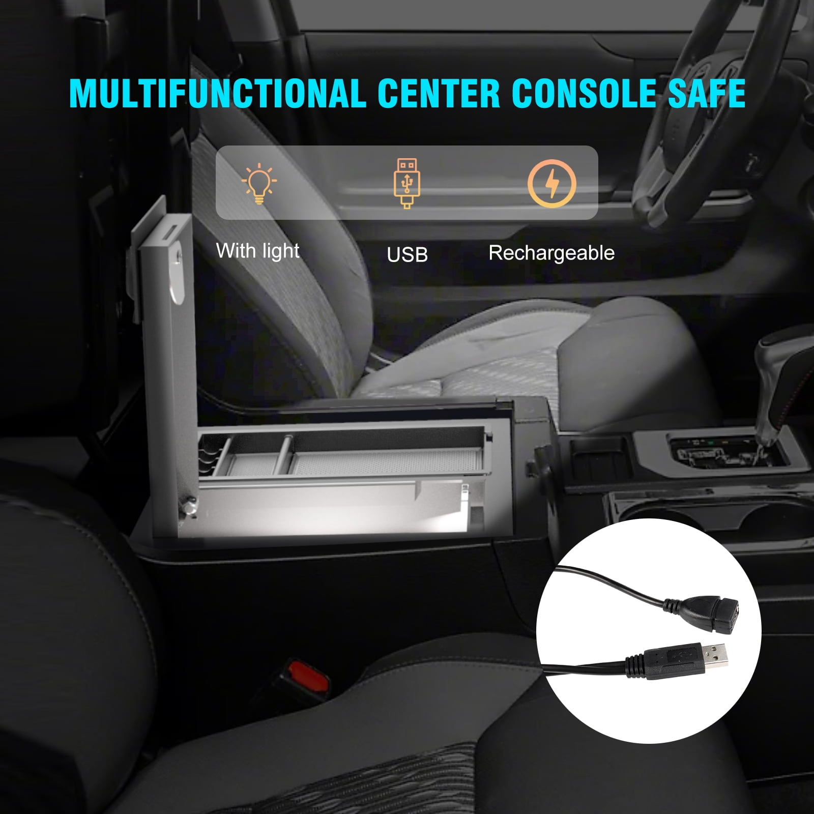 3mirrors Center Console Safe Gun Safe Box with LED Light and Coin Tray Mat Compatible with Toyota Tundra 2014-2021