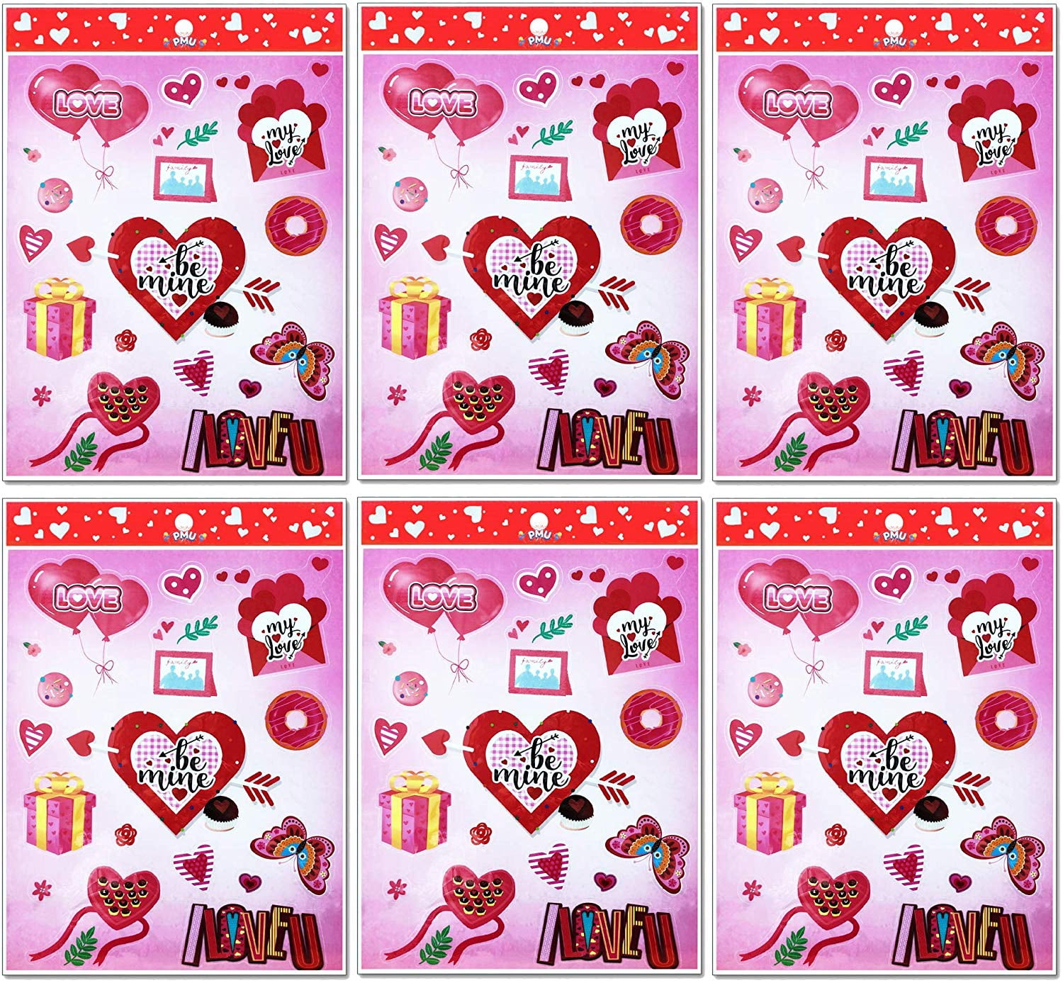 PMU Valentine's Sticker Valentine Heart Stickers Love Decorative Sticker for Kids Envelopes Cards Craft Scrapbooking for Great Party Favors Gift Prize Class Rewards Award Praise Pkg/6