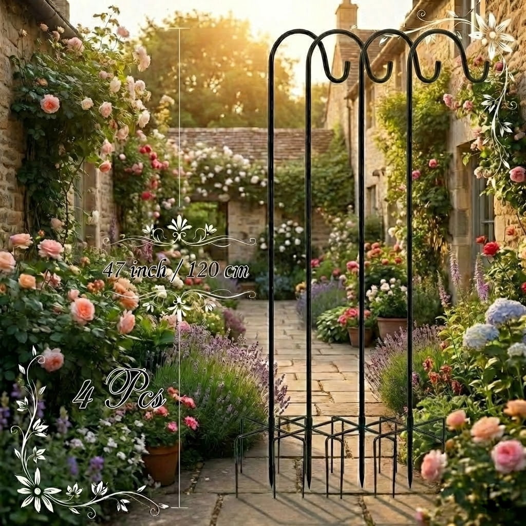 Shepherd Hooks 4 Pack - 63 Inches High 1/2 Inch Thick Adjustable Rust Resistant Shepards Hooks for Outdoor Solar Lights, Lanterns, Flower Basket, Bird Feeder.