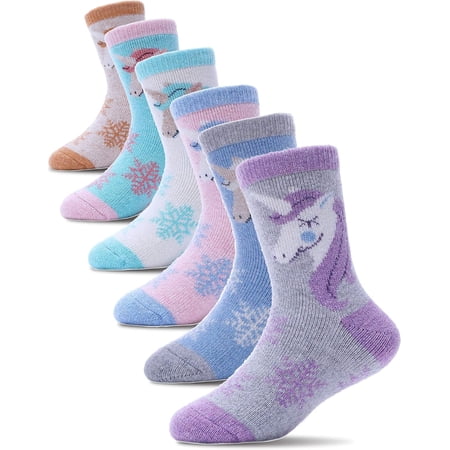 Merino Wool Socks for Kids Toddlers Boys Girls Thick Thermal Warm Winter Hiking Heavy Cozy Crew Socks 6 Pack