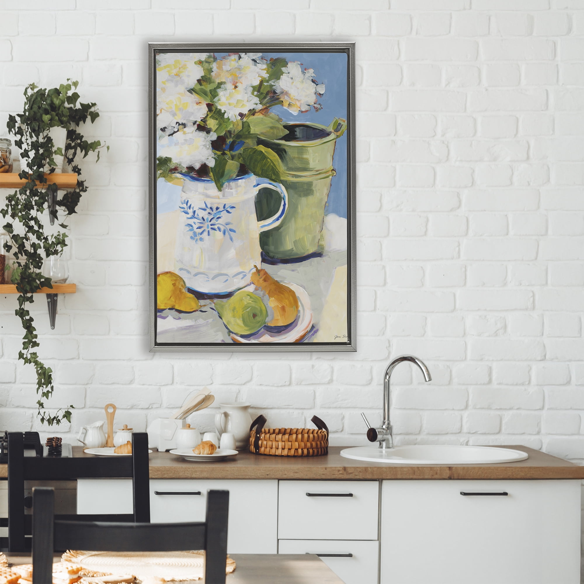 Stupell Industries Pitcher of Flowers Still Life Gray Framed Floater Canvas Wall Art, design by Jane Slivka