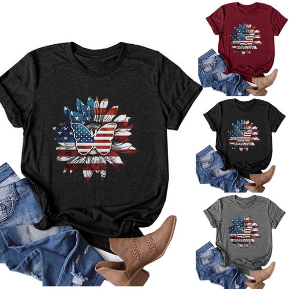BRGZLK Women's Holiday Shirt Fashion Independence Day Printed Tee Casual Loose Round Neck Short Sleeve T-Shirt Black XXL