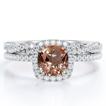 JeenMata Halo Prong Set - 1.5 Carat Cushion Cut Peach Pink created morganite and Moissanite - Pave Twisted Infinity Wedding Ring Set - 18K White Gold Plating over Silver