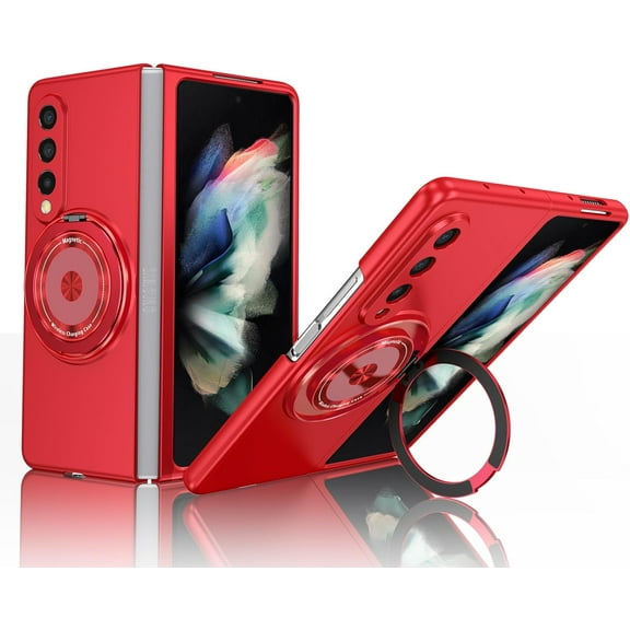 Magnetic Case for Samsung Galaxy Z Fold 3 Case with Kickstand & Ring Holder, [Compatible with MagSafe Charging] Slim Ultra PC Back Scratch-Resistant Military Grade Shockproof Case, Red