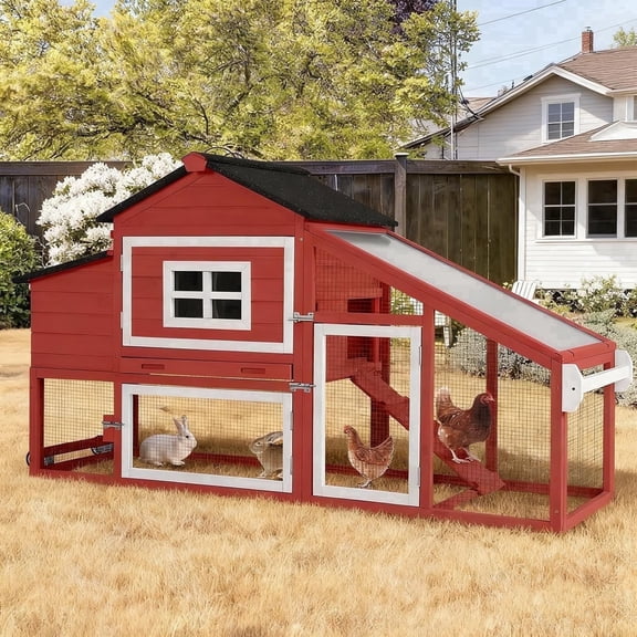 Aivituvin Chicken Coop with Wheels, Outdoor Mobile Hen House with Leak-Proof Tray, UV-Resistant Roof & Nesting Box for Chickens, Ducks, Rabbits (Red)