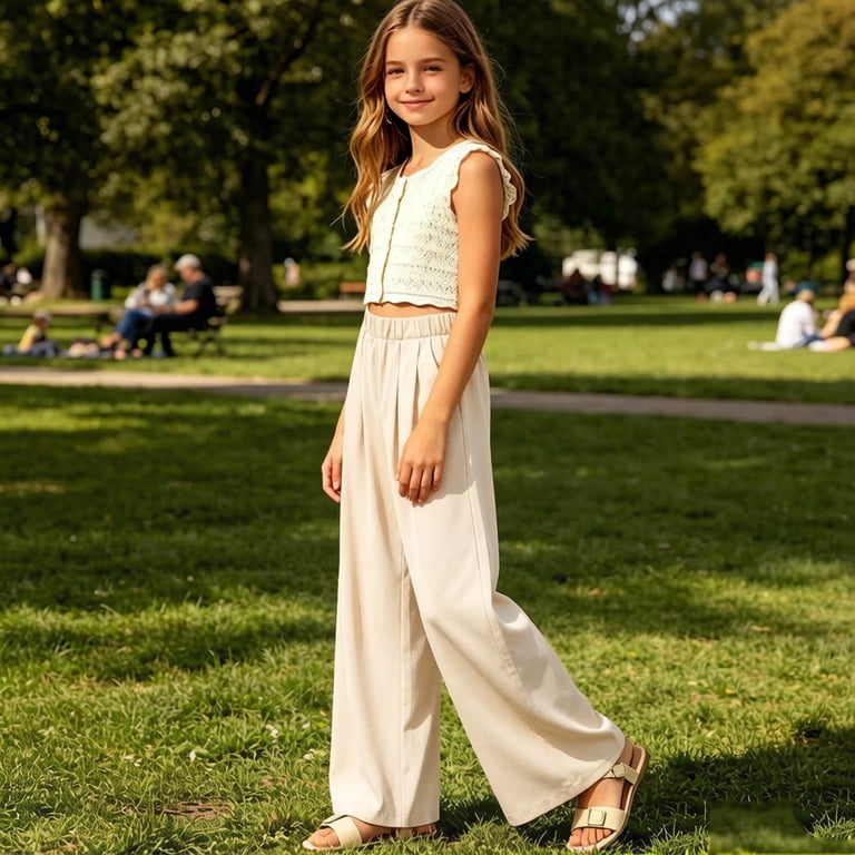 ITSAME Girls Wide Leg Dress Pants High Waist Loose Fit with Pockets Kids Fashion Pleated Pants Hot Pink Size 7