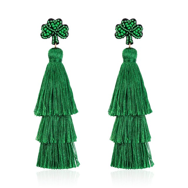 Pendientes con borlas para el día de San Patricio para mujer, aretes colgantes con borlas de hilo y flecos en capas de cristal bohemio