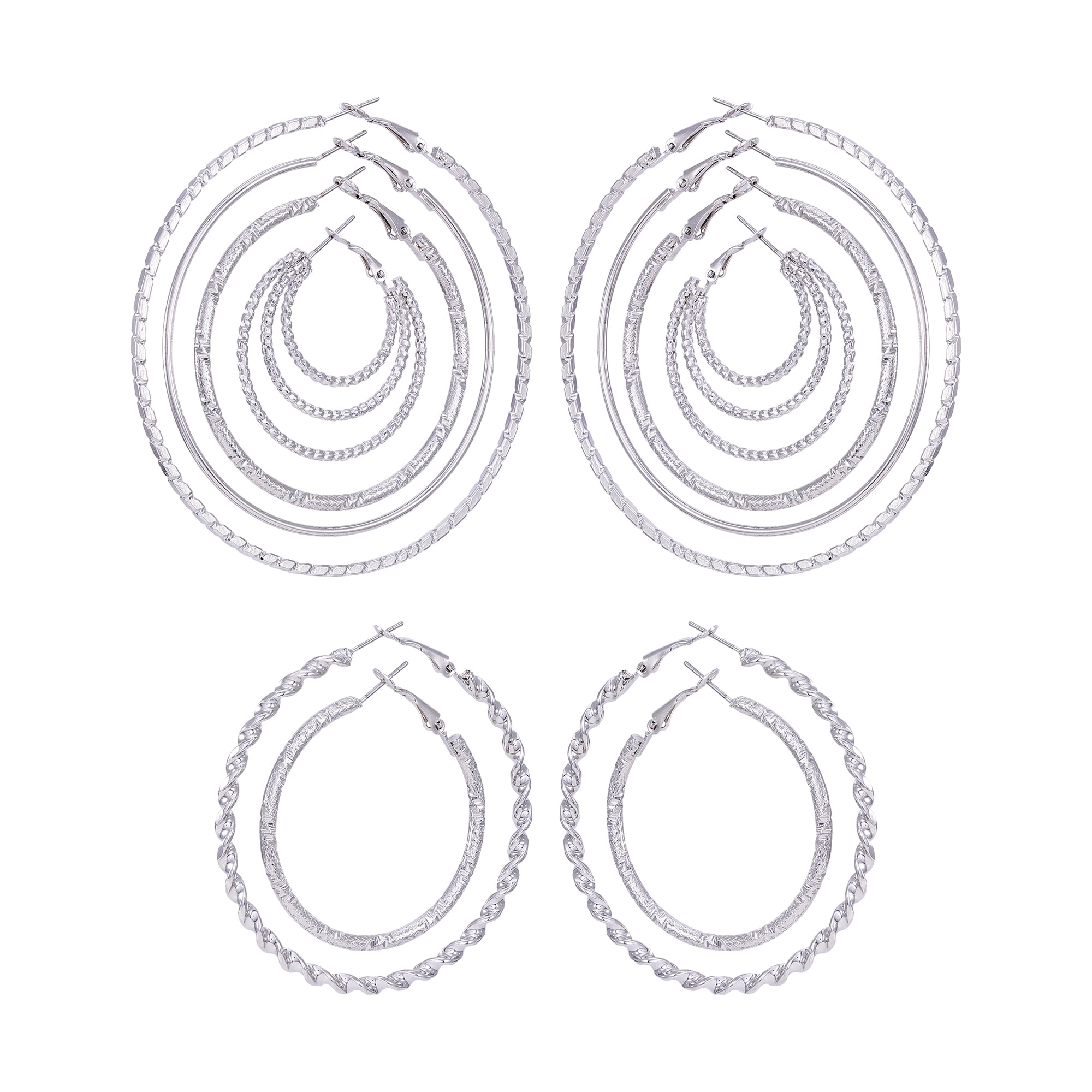 Time and Tru Women's Silver Tone Multi Texture 6 Hoop Set