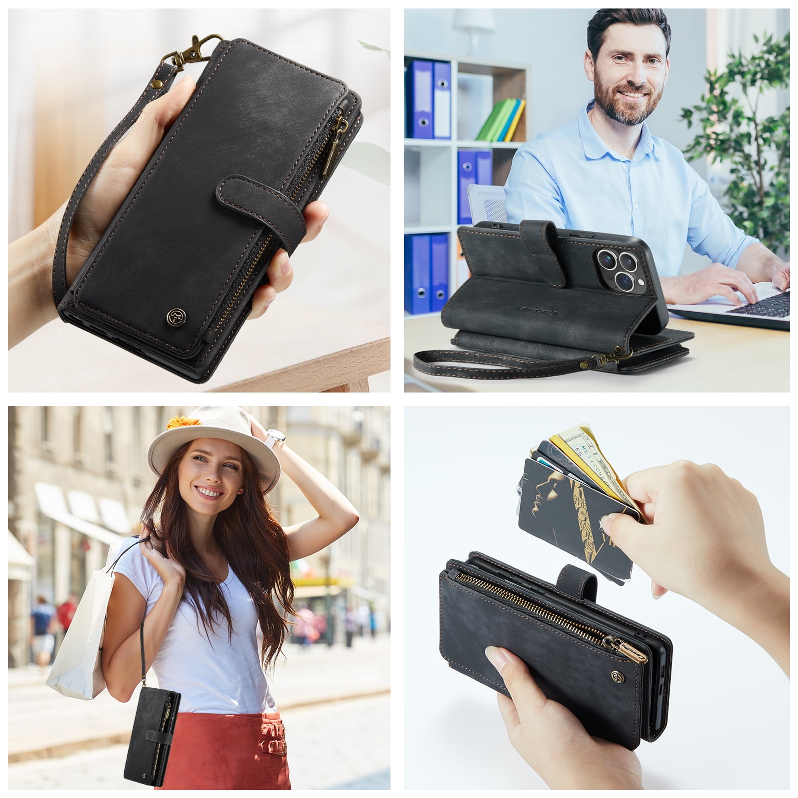 Dteck for iPhone 15 Pro Max Case with Card Holder, Premium iPhone 15 Pro Max Wallet Case for Women Men, Heavy Duty Durable PU Leather With Flip Zipper Pocket Phone Case w/ Wrist Strap Lanyard,Black