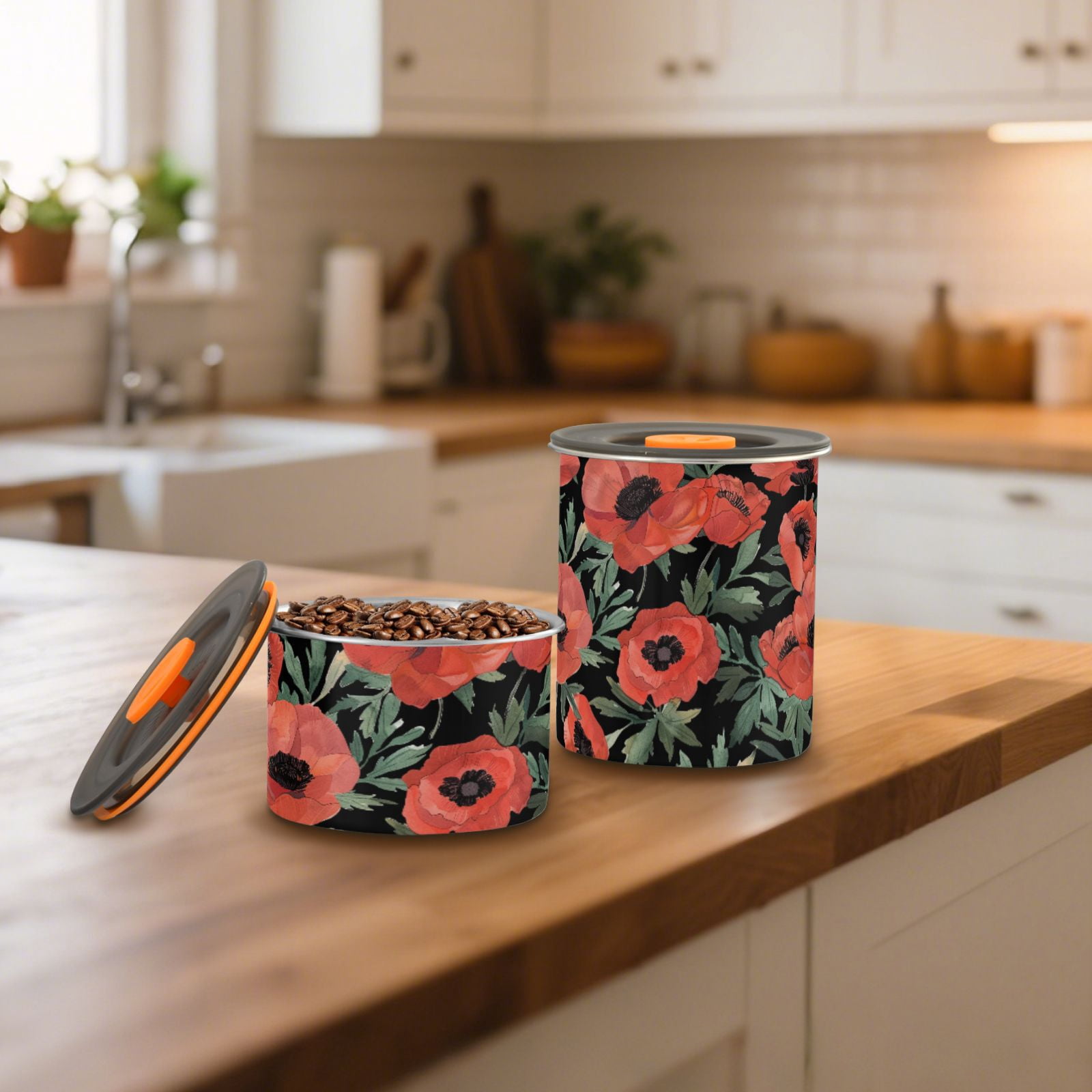 Poppy Flowers Airtight Coffee Bean Canister 900 ml Food Storage Containers with Lids For Gournd, Tea, Sugar, Flour, Rice, Cereal, Candy Cookie Jar