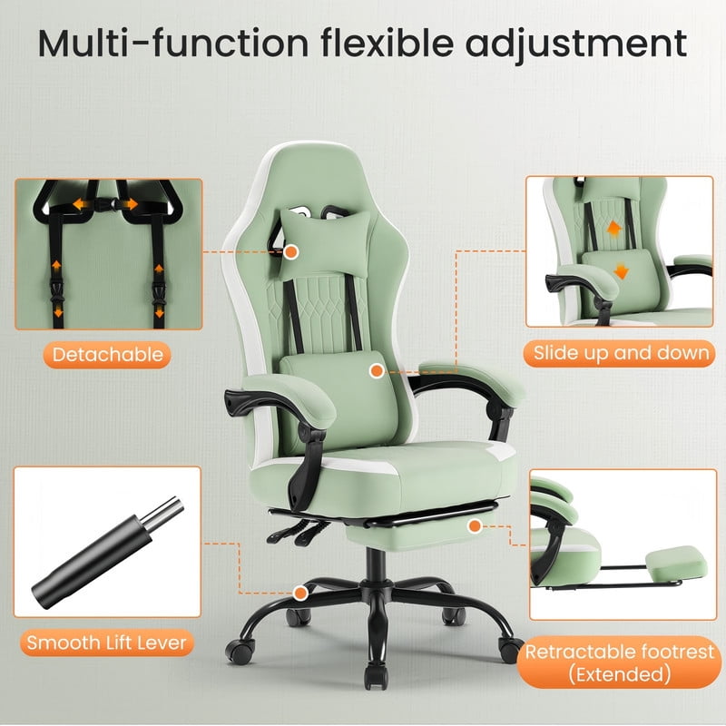 Kelno Ergonomic Gaming Chair with Footrest Lumbar Support Adjustable High Back Swivel Office Chair, Green