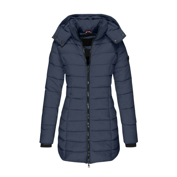 Women Puffer Down Jacket Mid Length Detachable Hood Windproof Full-Zip Warm Winter Tunic Coat with Pockets (XL, Navy)