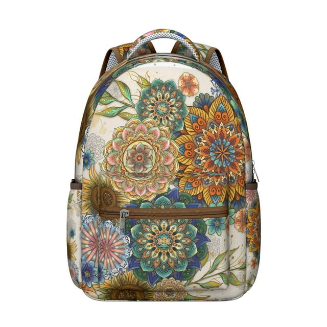 Bohemian Vintage School Backpack with Earthy Floral and Artistic Tribal Patterns, Durable Waterproof Oxford Cloth, Adjustable Straps, Large Capacity Rustic Style School Bag
