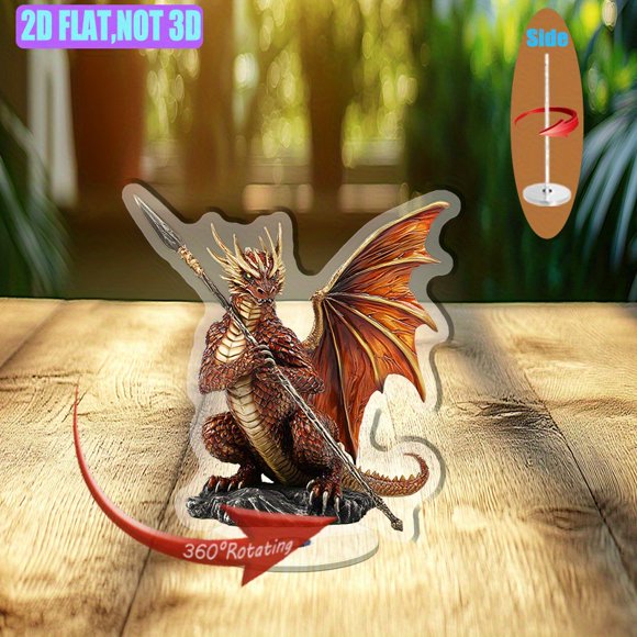 Présentoir Acrylique Rotatif avec un dragon Humanoïde Régal avec Écailles d'Or et de Rubis et Ailes Angélique, Saisissant une Lance Finement Conçue