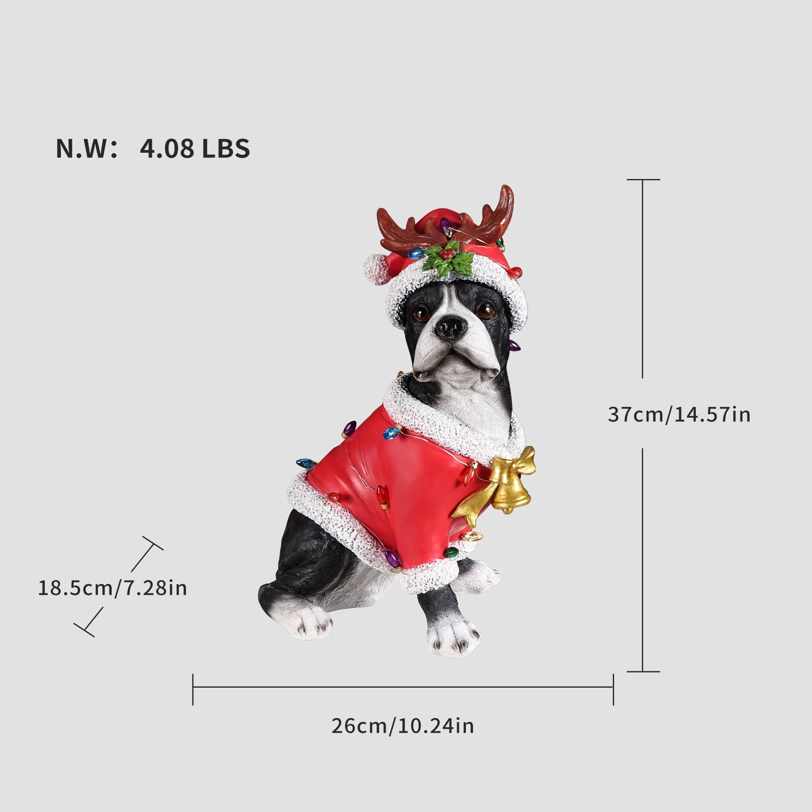 Boston Terrier Christmas Dog Statue with Santa Outfit Reindeer Antlers Holly Accents Tabletop Decor