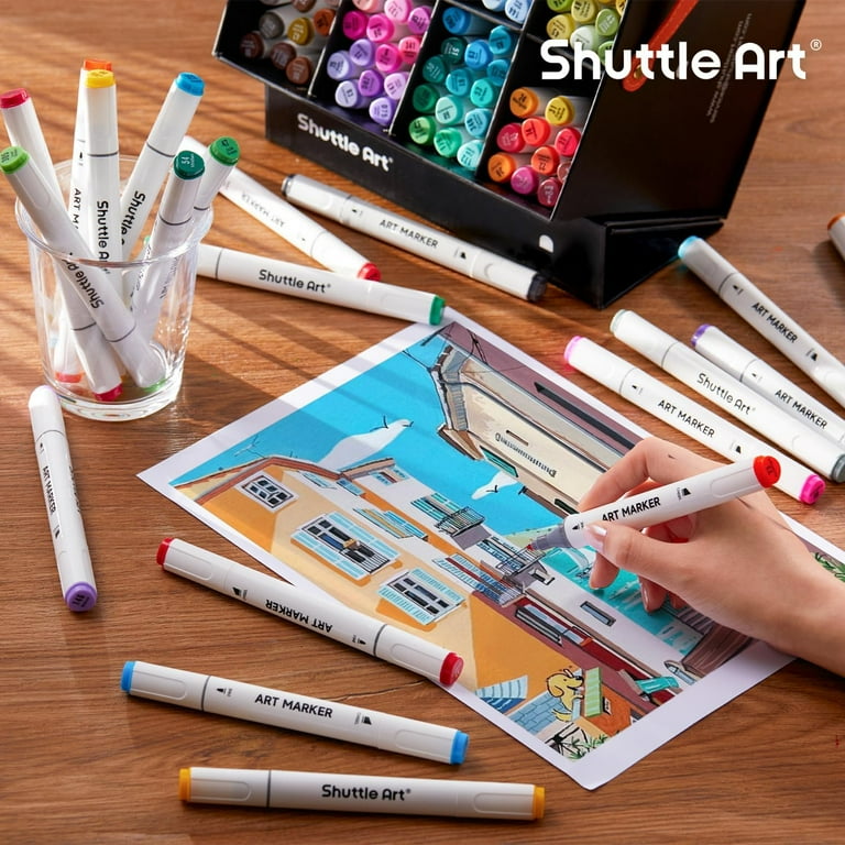 Shuttle Art 121 Colors Dual Tip Markers Set with Blender, Pad