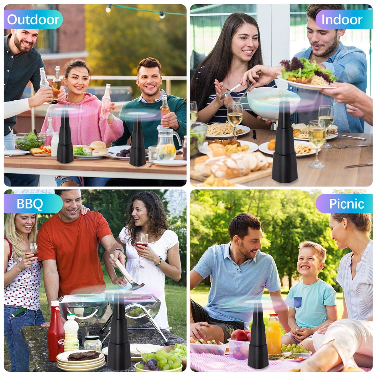 Fly Fans for Tables, 4 Packs Indoor Outdoor Fan Portable with Holographic Blades and Hooks, Batteries Powered Table Fan for Picnic, Party, Restaurant, Kitchen and BBQ
