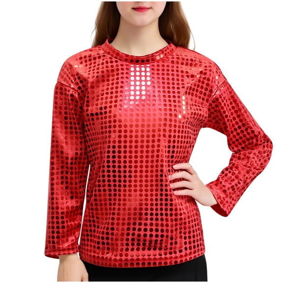 OGLCCG Kids Girls Sparkly Sequined Long Sleeve T-Shirt Modern Hip Hop Jazz Street Dance Tops Trendy Crewneck Performance Blouse 3-16 Years