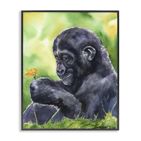 Stupell Industries Traditional Baby Gorilla Animal And Flower Green Watercolor Black Framed Giclee Art, 11 x 14, by George Dyachenko