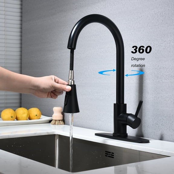 Izzovium Matte Black Kitchen Faucet with Pull Out Sprayer, 360° Swivel High Arc Stainless Steel Faucet, Single Handle Easy Control, 22.83in Length