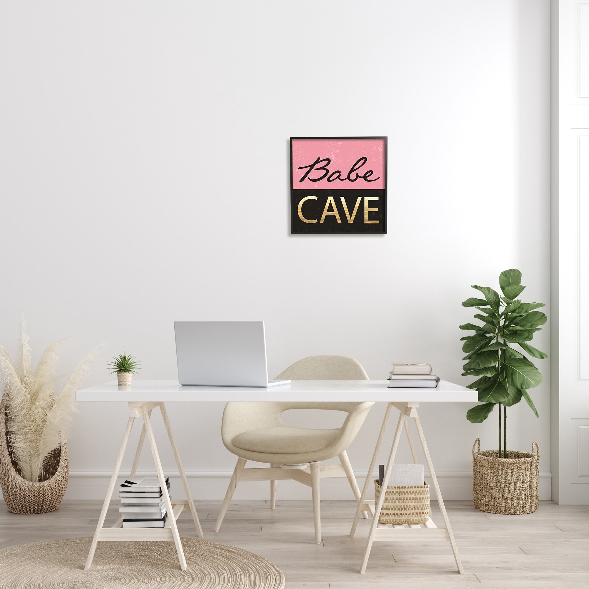 Babe Cave Pink and Gold Typography Framed Art Print Wall Art, 17x17