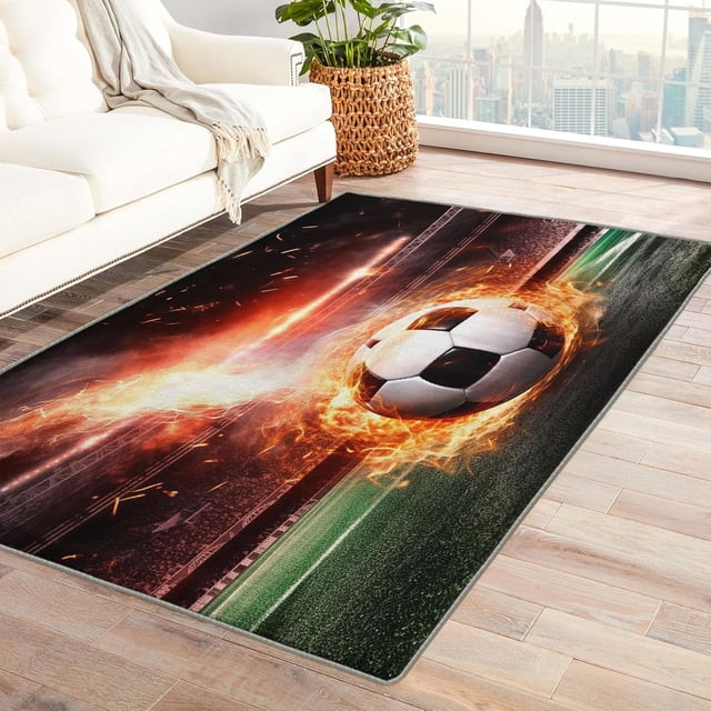 Football Sport Area Rugs for Bedroom Living Room - 3x5 ft - Football Carpet for Home Decor - Football Flames Patterned Decorative Indoor Small Rug - Washable & Soft & Non Slip & Low Pile (ZF&8046)