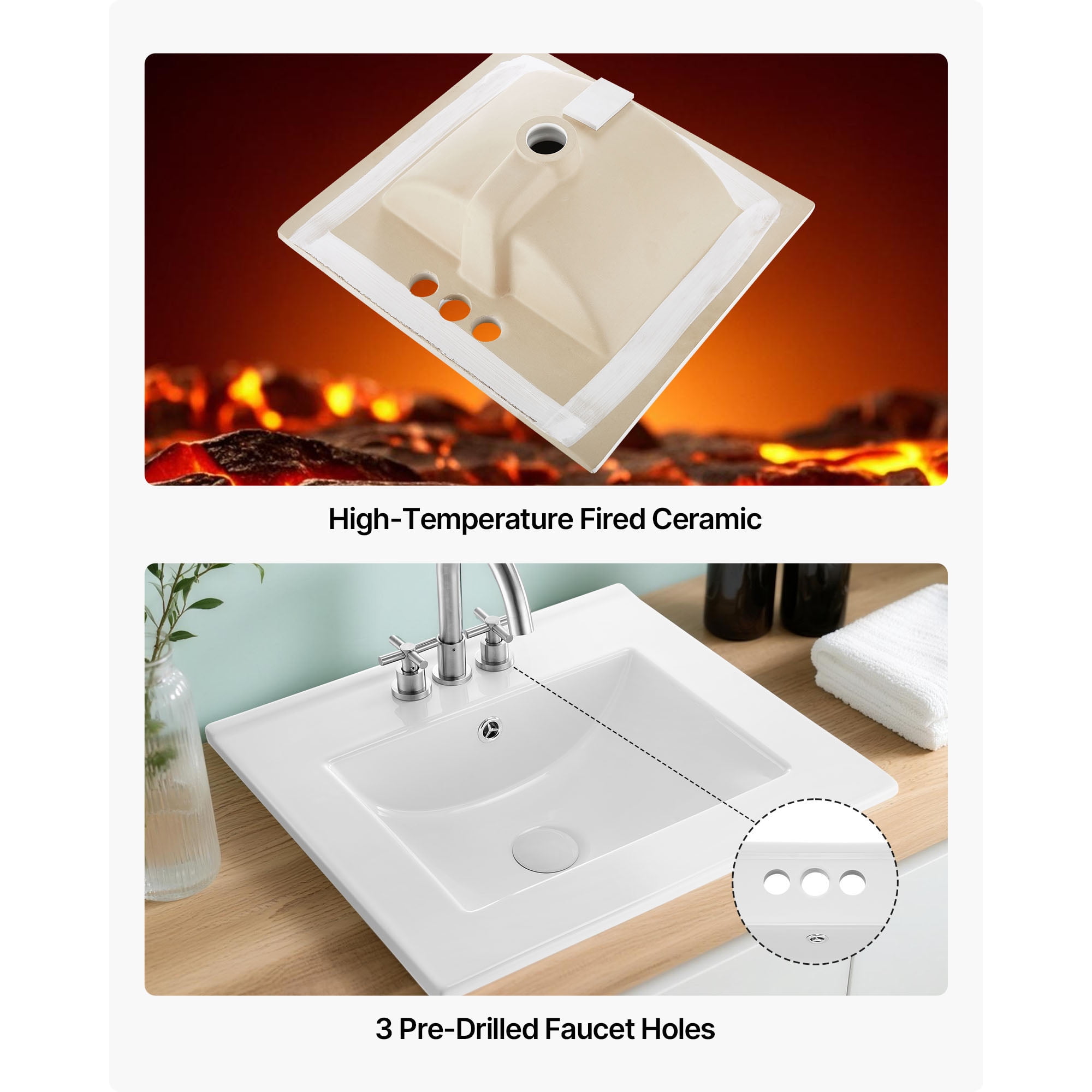 KFFKFF Rectangular Semi-Recessed Bathroom Sink, 20.08 x 18.31 Inch White Ceramic Basin with Overflow and 3 Pre-Drilled Faucet Holes, Drop-In Design for Modern Vanity or Small Bathroom Spaces