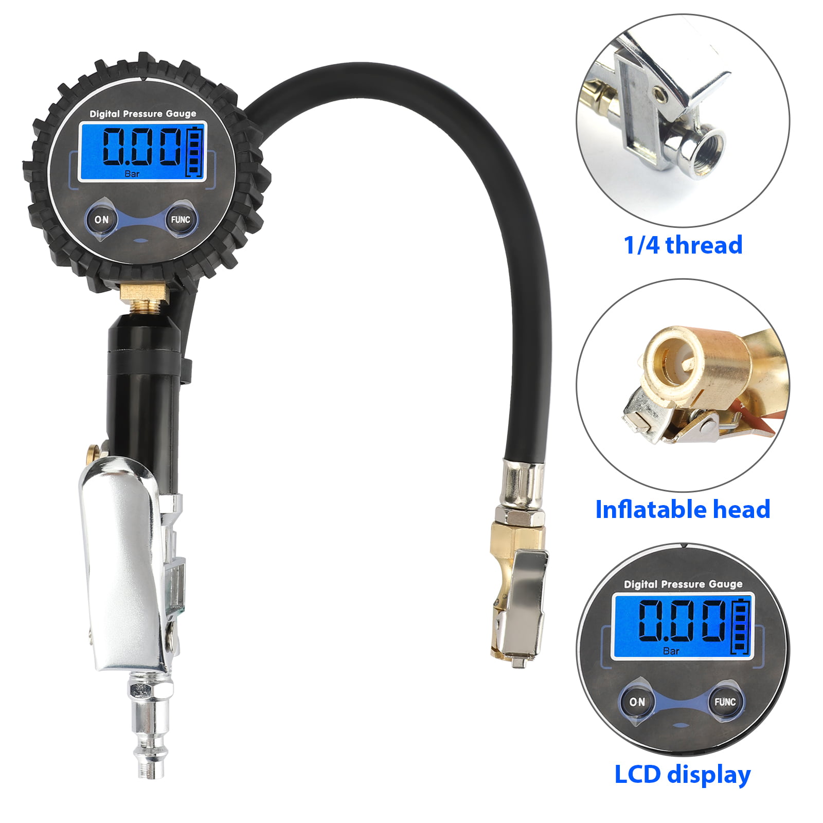 Air Chuck and Compressor Accessories Heavy Duty with Rubber Hose SUV Quick Connect Coupler for Car ATUNME Tire Pressure Gauge 200 PSI Digital Auto Tire Inflator Gauge & Gun RV Valve Extender 