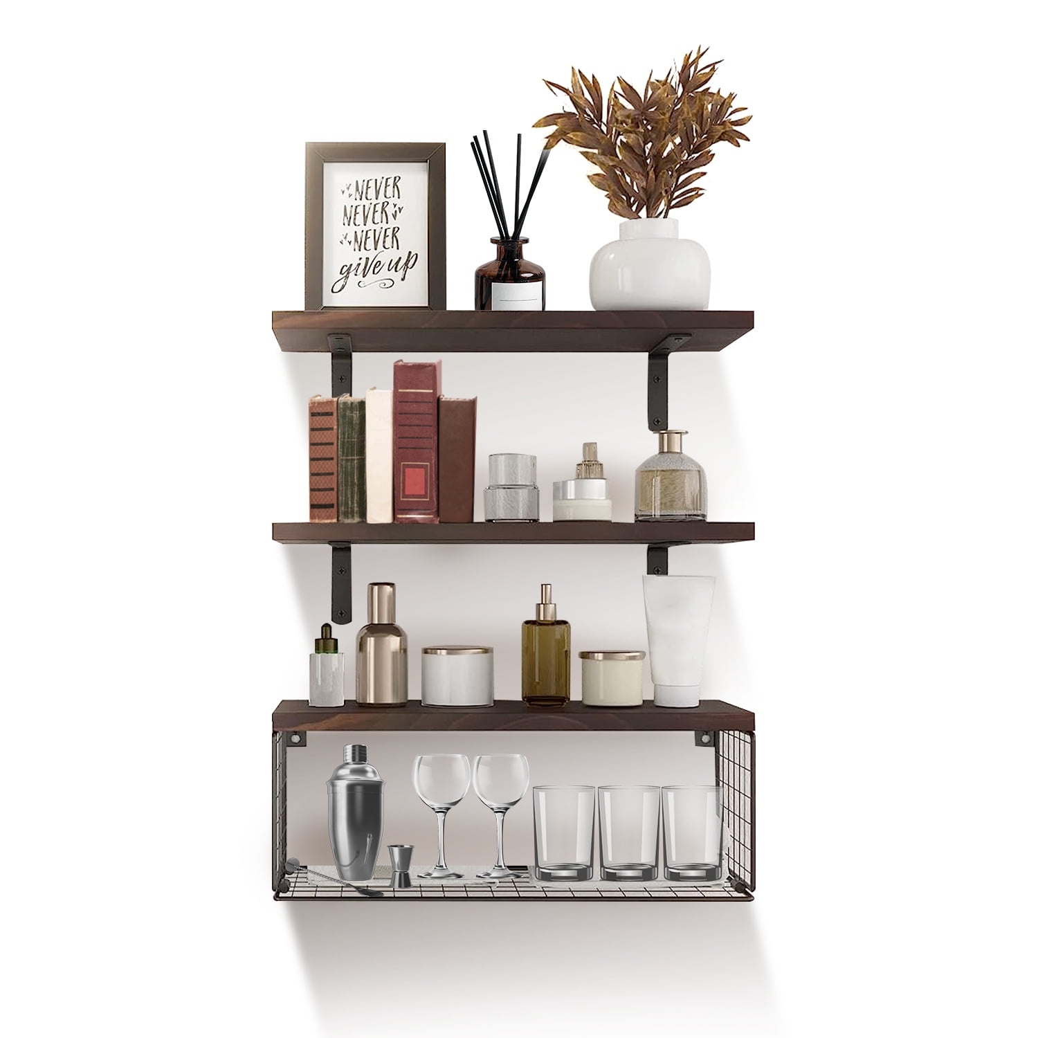 Zorpupoa Rustic Floating Shelves, Wall Mounted Wooden Bathroom Floating Shelves Over Toilet Shelves with Storage Basket for Living Room Kitchen Office, Brown