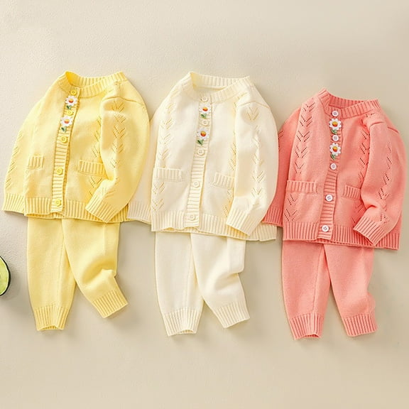 THDHVS Toddler Girl Outfits,Boys Outfits,Kid's Casual Cute Small Flower Breasted Perforated Two-piece Set Long Sleeve Round Neck Top/shirt Set Beige L