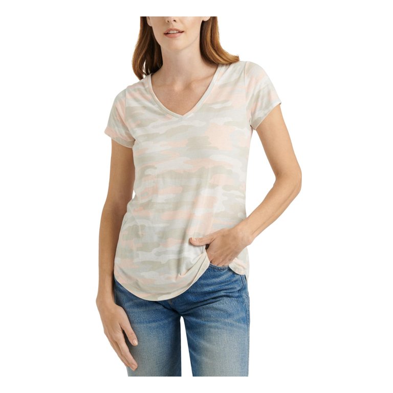 LUCKY BRAND Womens Pink Camouflage Short Sleeve V Neck T-Shirt