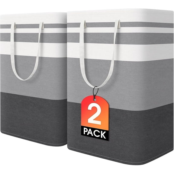 Ababeny 2 Pack Large Laundry Baskets, Waterproof, Freestanding Laundry Hampers, Collapsible Clothes Hamper with Reinforced Handles in Laundry Room, College Dorm, Bathroom, Bedroom - Grey