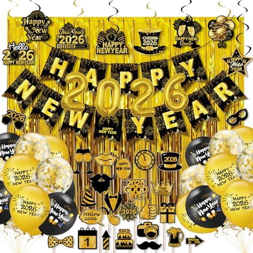 2026 Happy New Year Decorations New Years Eve Party Supplies, 67 Pcs Include Happy New Year Banner Balloons Hanging Swirls Photo Props Fringe Curtains Black and Gold Party Decorations$$Electronics
