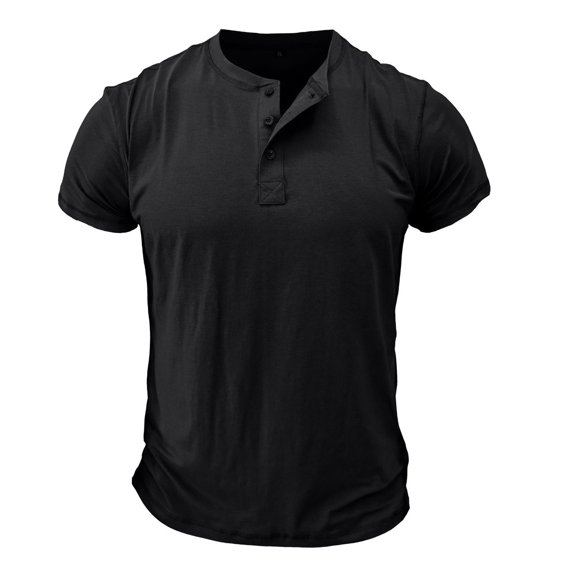 Defitshape Men's Cotton Henley Shirt Short Sleeve Slim Fit T Shirt Solid Basic Summer Top Cool Casual Fashion Thin Lightweight Tee Black Small