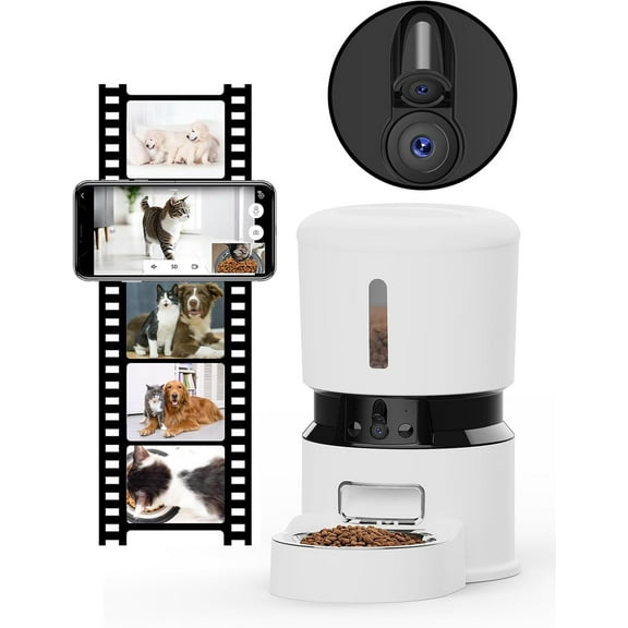 Automatic Cat Feeder with 2 Cameras 1080P HD with Night Vision Pet Food Dispenser Two-Way Voice and Audio Dog Smart WiFi Dog & Cat Feeder Programmable Schedule Slow Feeder Bowl White