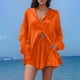 thumbnail image 3 of Conjunto de camisa de manga larga lisa y pantalones cortos para mujer: ropa informal de playa, cintura elástica, tallas S-XXL, contorno de pecho 130-146 cm, 3 of 5