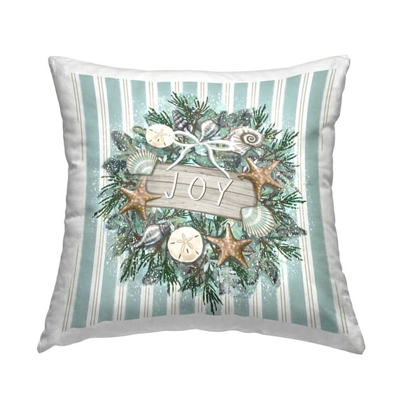 Stupell Industries Nautical Seashell Holiday Wreath Blue Stripes Design by Elizabeth Tyndall Throw Pillow