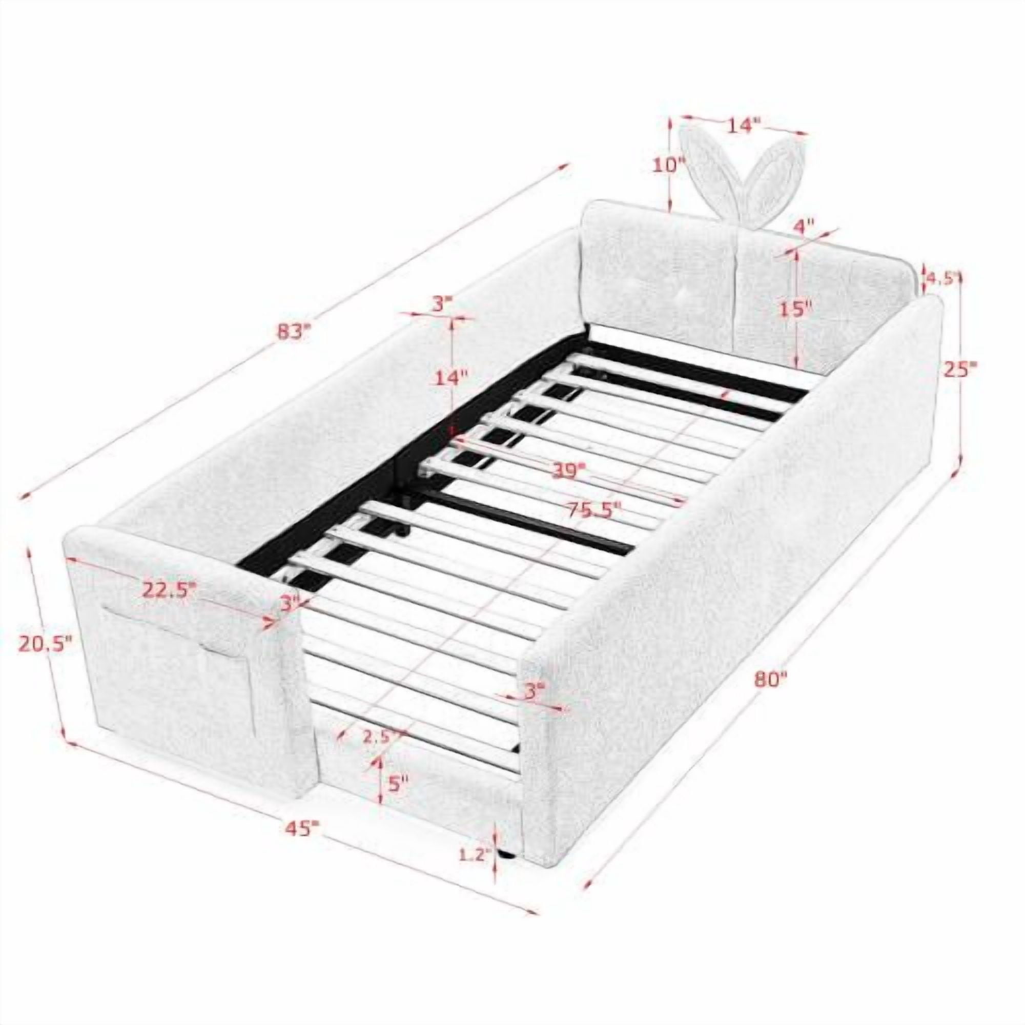 Twin Size Upholstered Platform Bed with Rabbit Ear Headboard, Pink Boucle, Safety Rail and Storage Pocket
