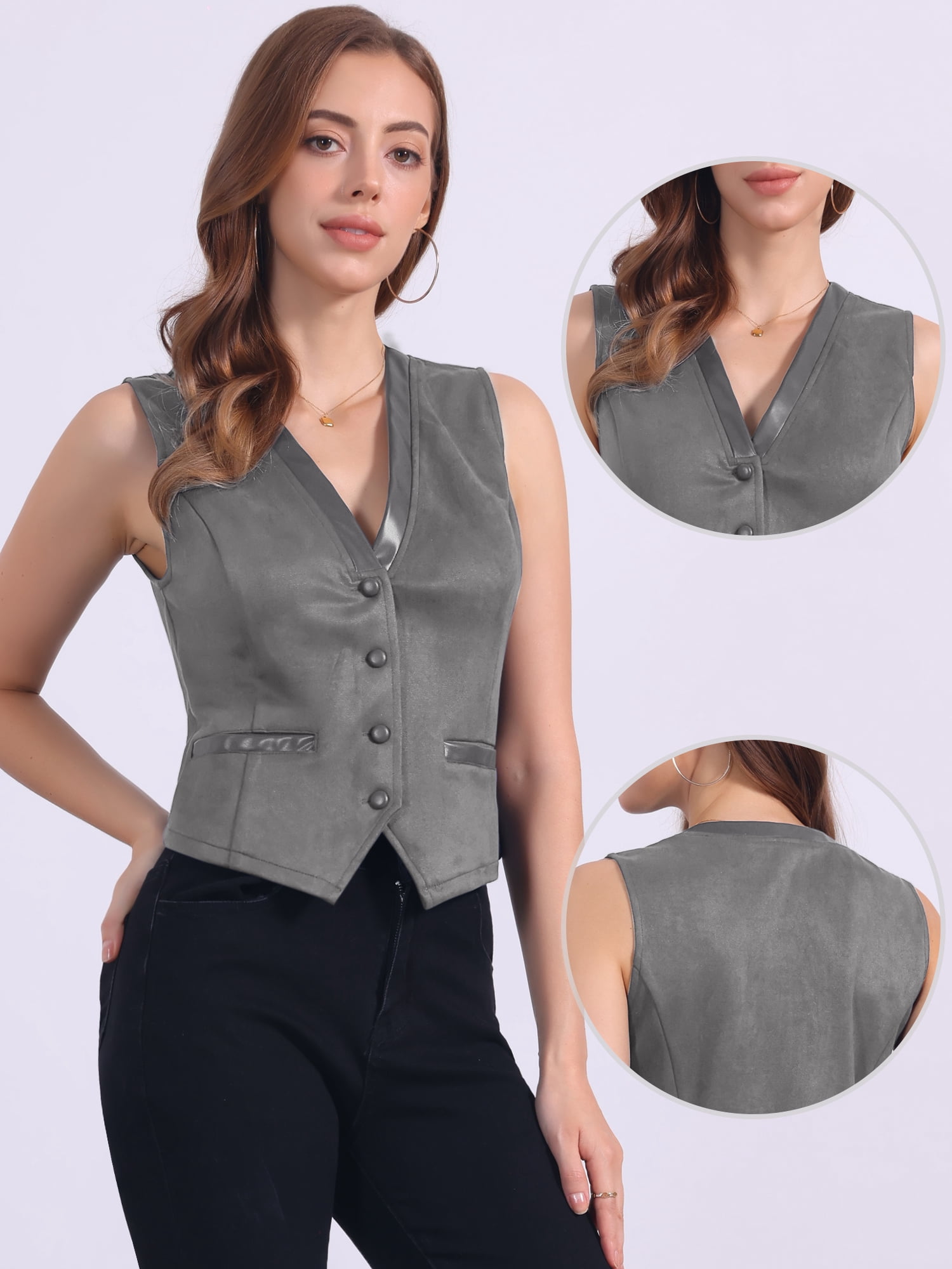 DARING DIVA Women's Vintage V Neck Faux Suede Button Down Sleeveless Jacket Vest S Gray