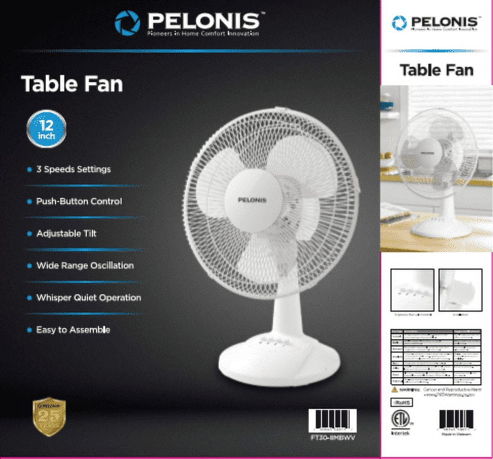 Pelonis 12" 3-Speed Oscillating Table Fan, White, FT30-8MBWV, New