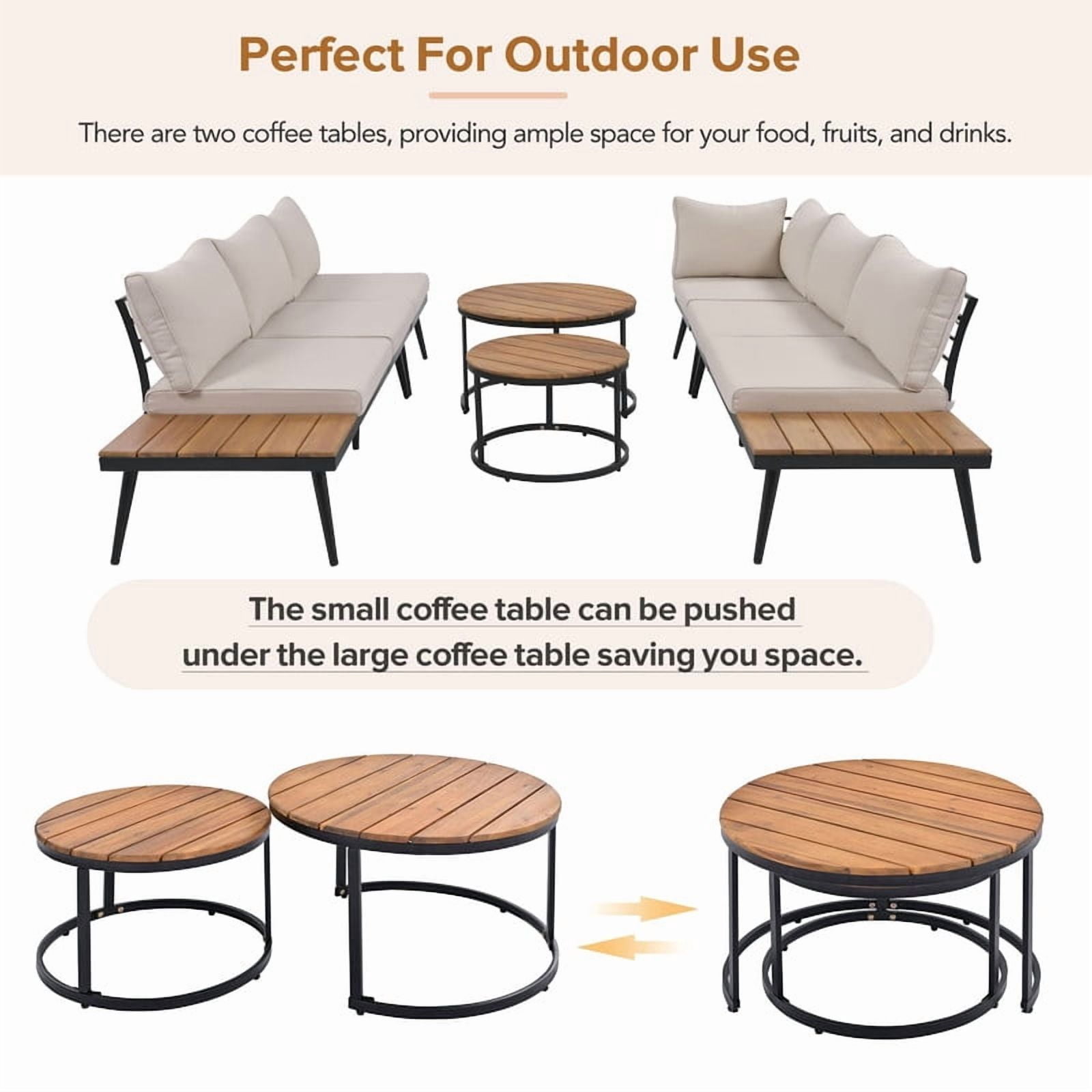 6-Piece L-Shaped Outdoor Sectional Sofa Set with Round Nesting Coffee Tables, Patio Furniture Set with Side Tables, Outdoor Conversation Set with Cushions