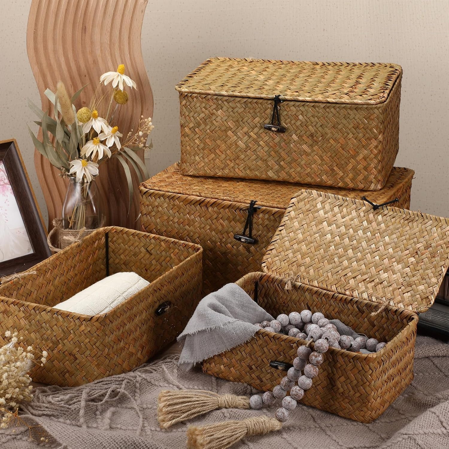 4 Pack Wicker Basket with Lid Storage Basket Decorative Storage Boxes with Lids,Hand-Woven Desktop Basket,Rectangular Household Basket Boxes for Shelf Closet Bedroom, Kitchen, 4 Sizes(Natural)
