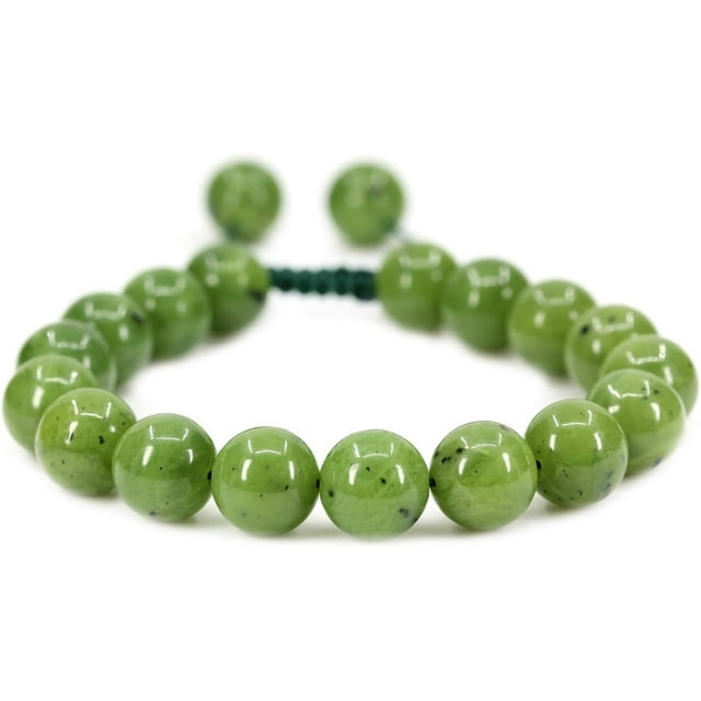 Angelstones Perles Rondes en Jade Néphrite Canadienne Fait Main 10mm A Grade, Glands en Macramé Tressé Réglables, Bracelets Chakra Reiki 7-9 Pouces Unisexes