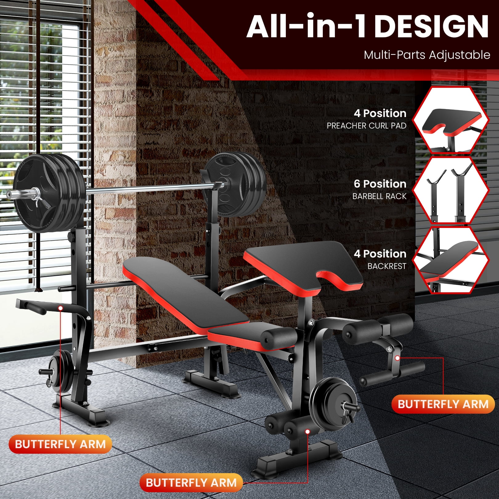 VIBESPARK Adjustable Weight Bench 600lbs 5-in-1 Foldable Workout Bench Set with Barbell Rack Leg Developer Preacher Curl Rack Dumbbell Fly Attachment, Multi-Function Strength Training Bench Press