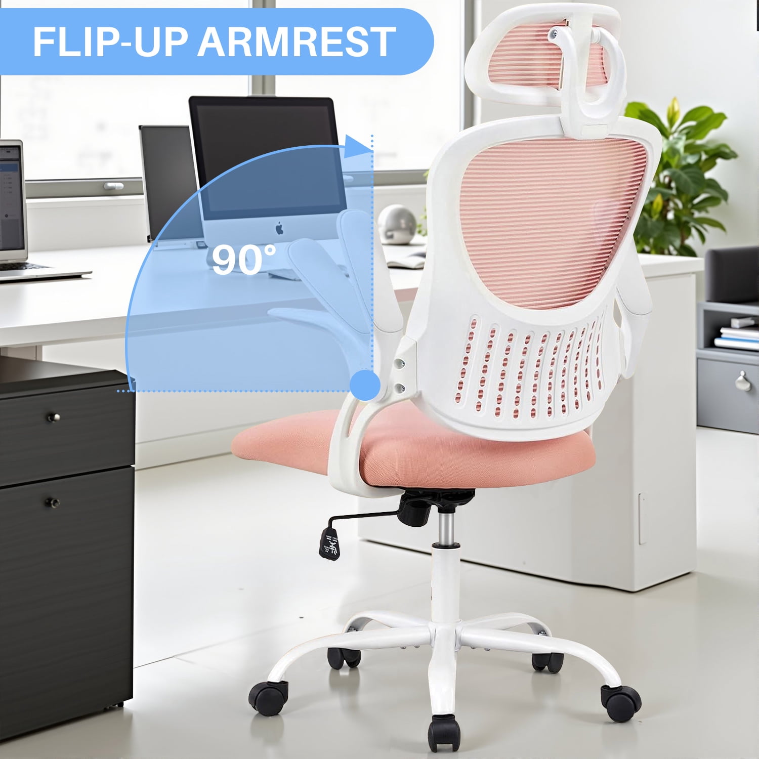 SIMENMAX Office Chair, Ergonomic Computer Chairs with Flip-up Arms,Pink