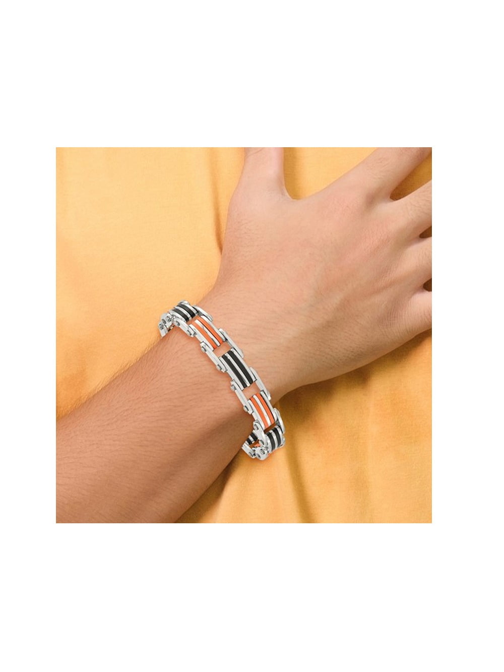 Mens Stainless Steel Bracelet with Black and Orange Rubber 8.75 inch for Men