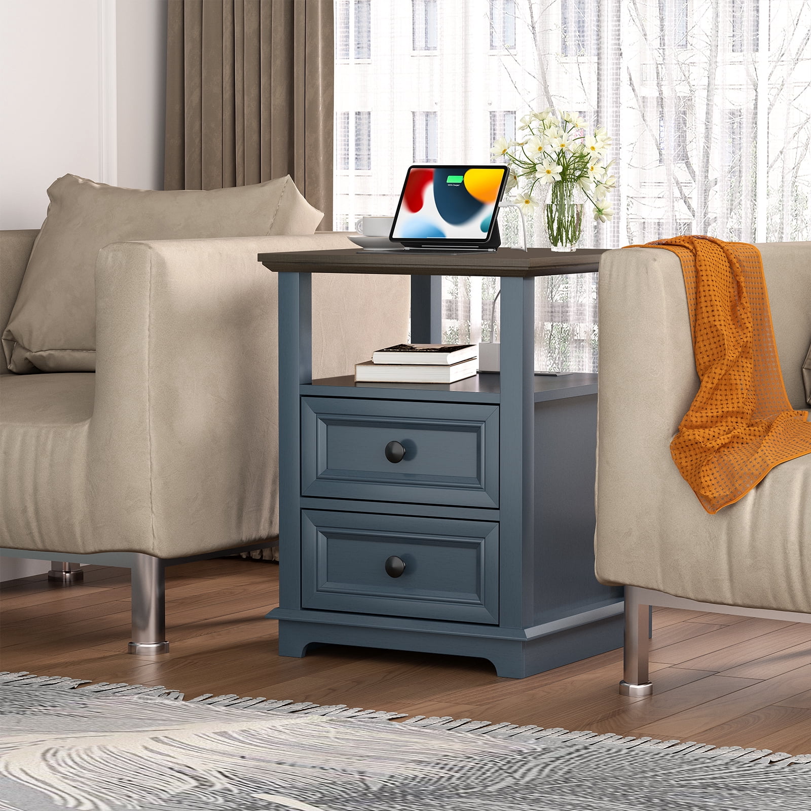 FAGAGA End Table with 2 Drawers for Living Room,Nightstand with Charging Station for Bedroom,Blue